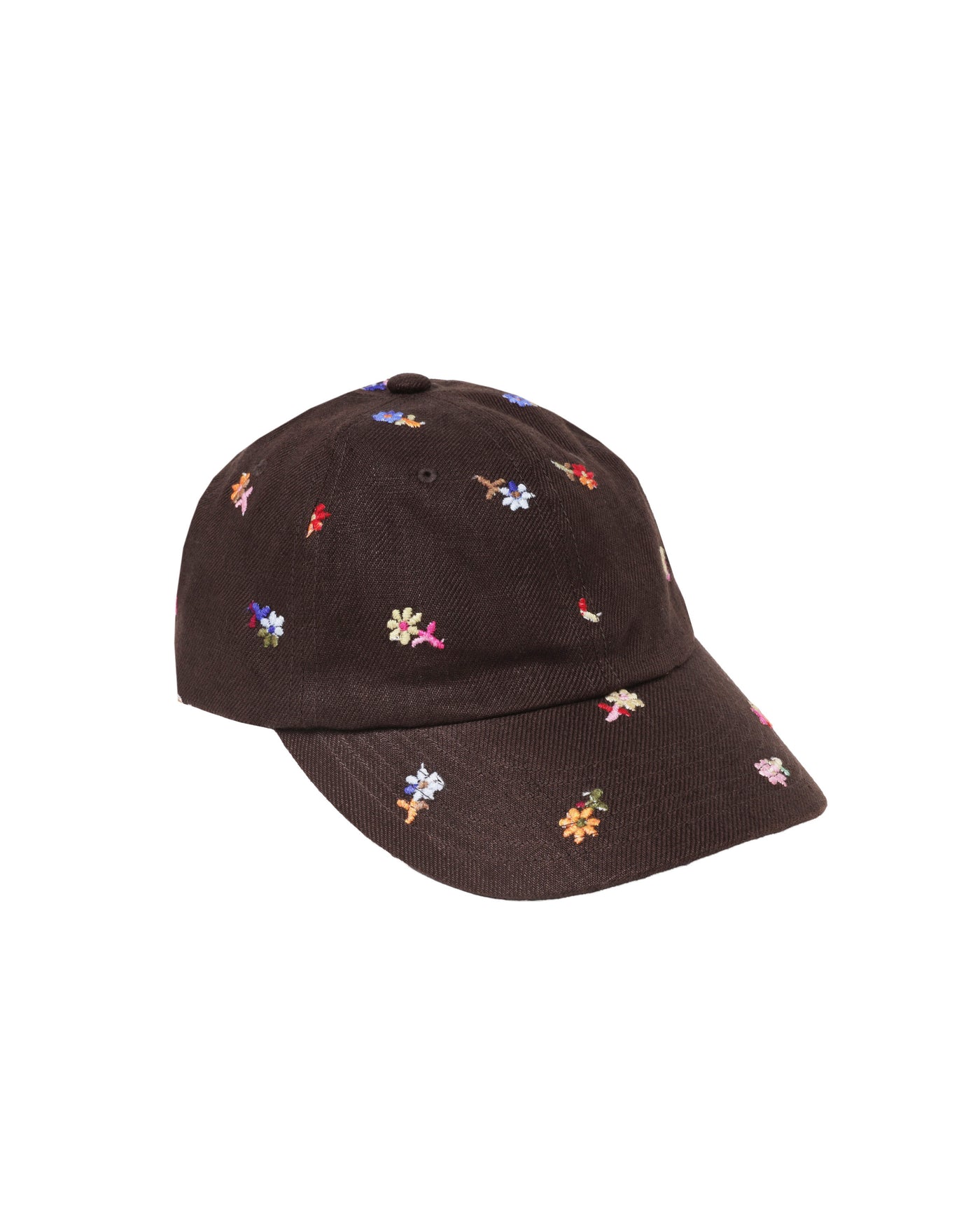 Front view of vowels Embroidered Cap in Brown