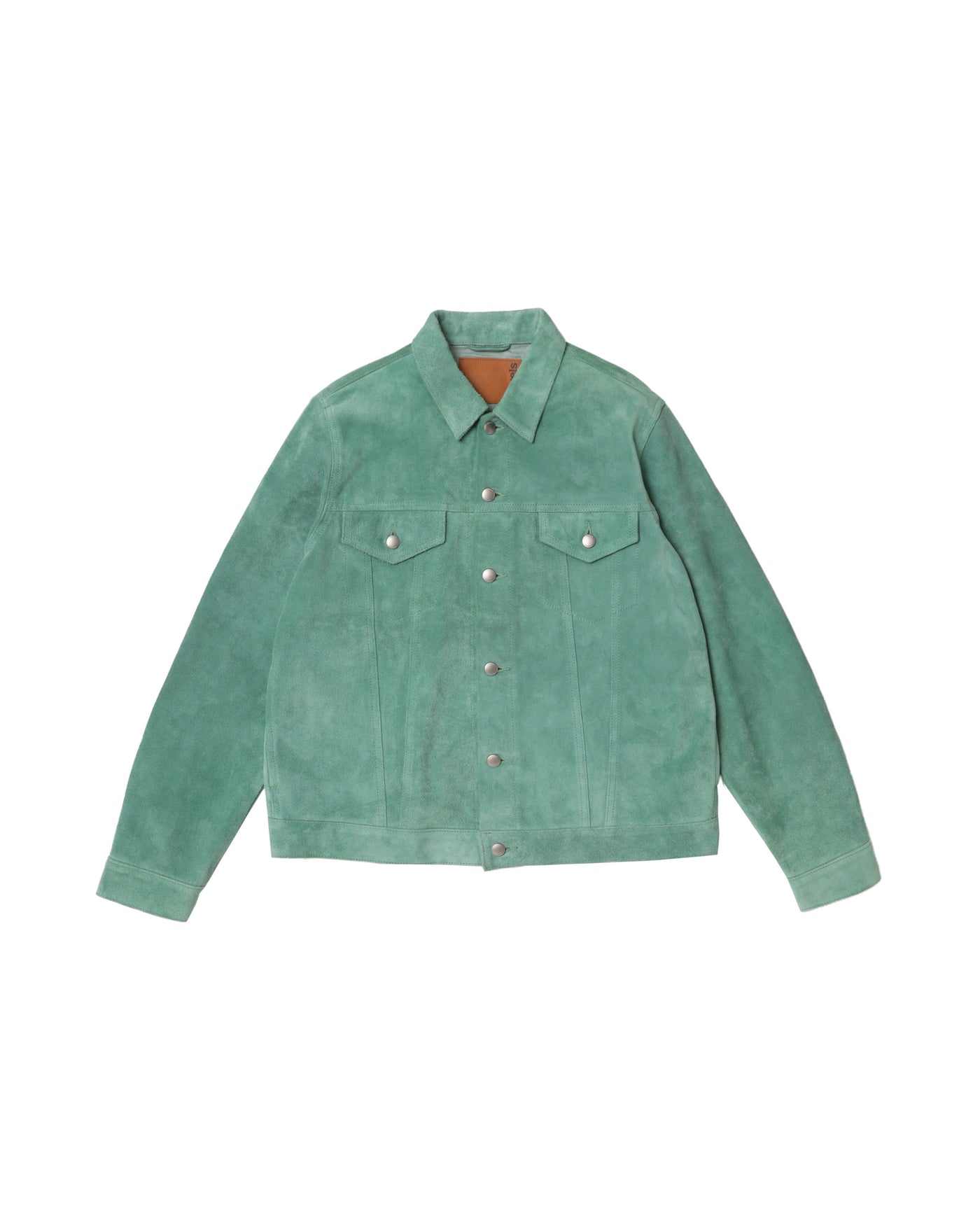 Front view of Suede Trucker Jacket in Damp Green