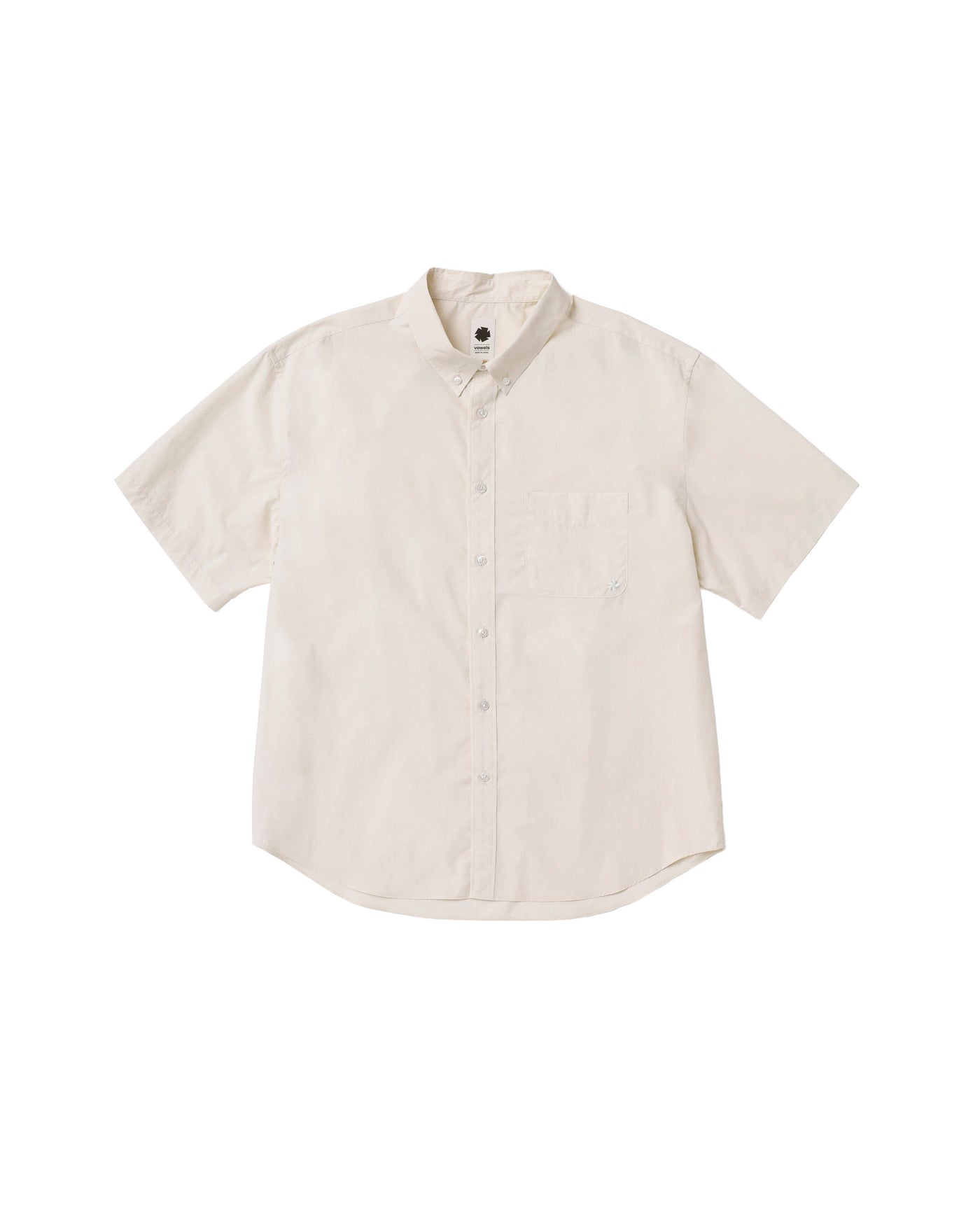 Front view of vowels Short Sleeve Button Down Shirt in Oat