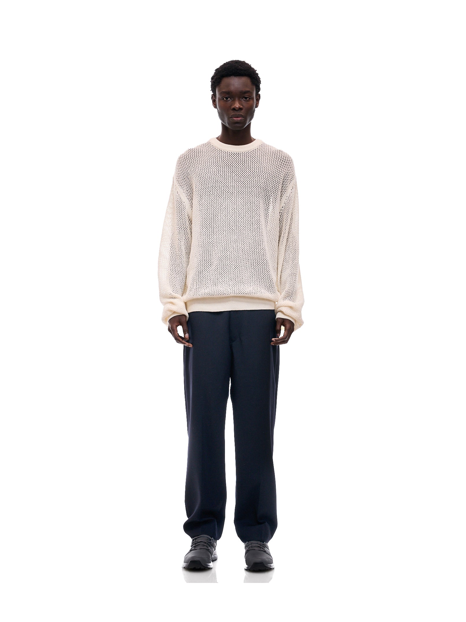 未使用並! Time is on COTTON MESH CREW KNIT vowels | Cotton Mesh Knitted Crewneck